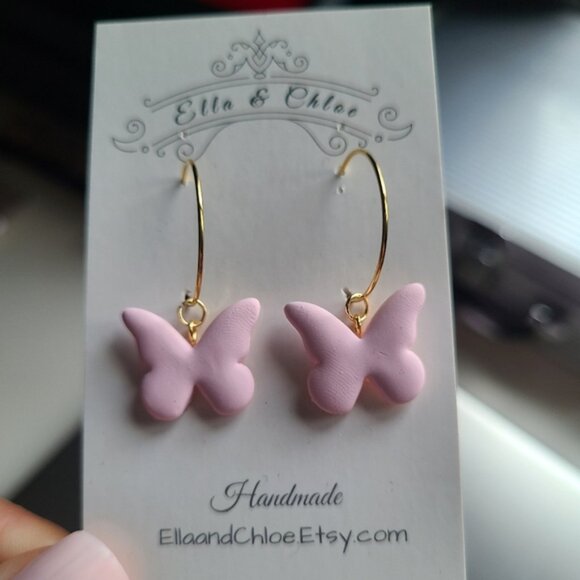 Cute 18K Gold Plated Matte Pink Clay Butterfly Dangle Hoop Earrings Fairycore - Picture 7 of 8